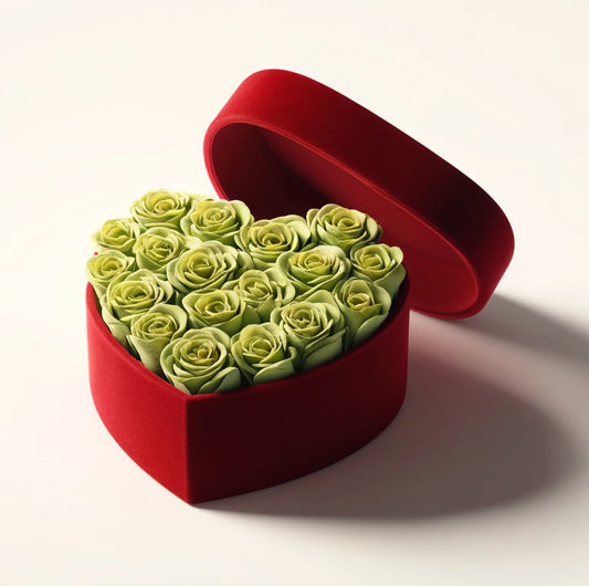 Chartreuse Forever Roses in Heart-Shaped Velvet Box - Imaginary Worlds