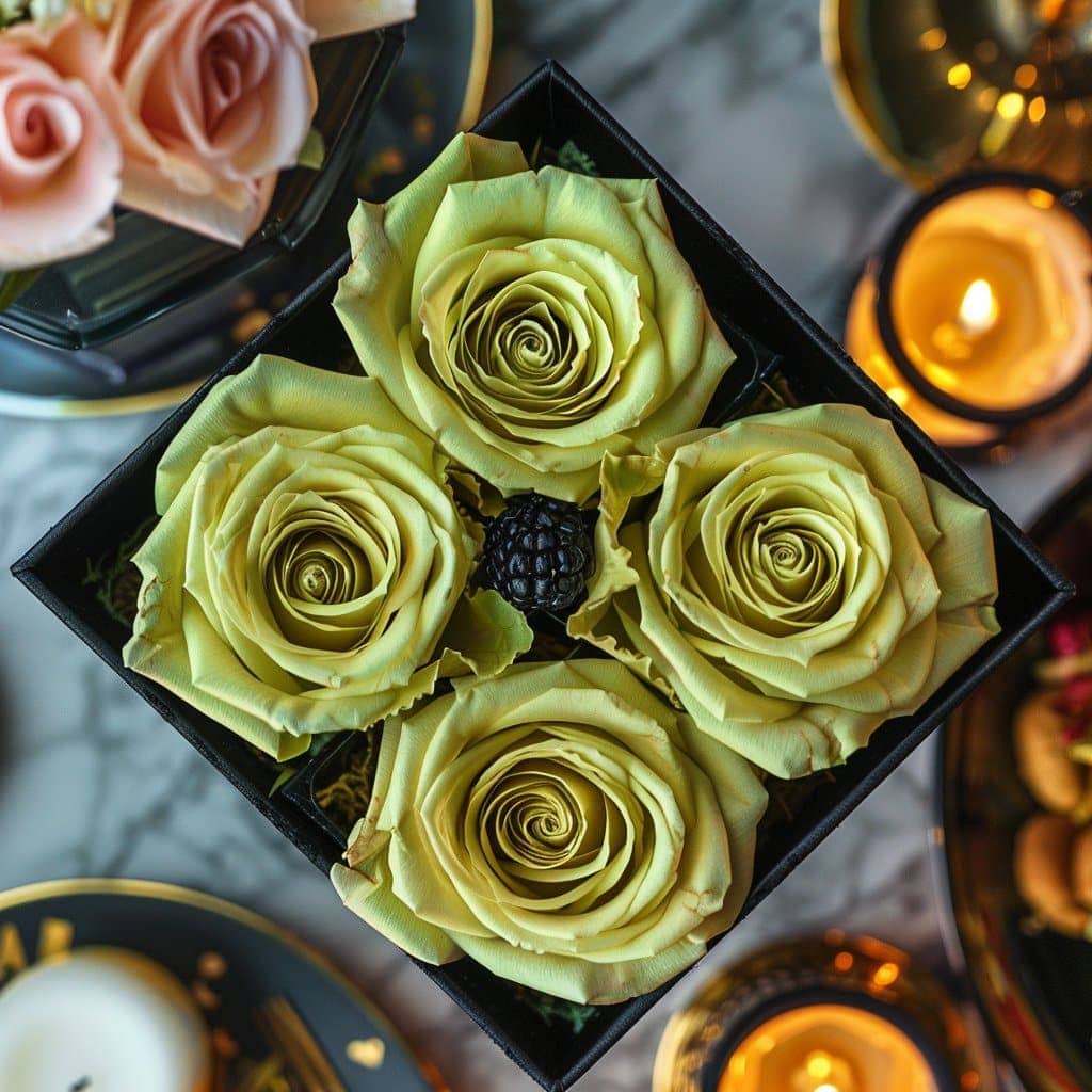 Chartreuse Preserved Roses in Modern Black Square Box - Imaginary Worlds