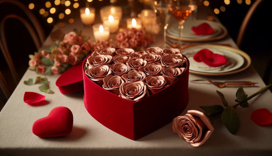 Copper Forever Roses in Heart-Shaped Velvet Box - Imaginary Worlds