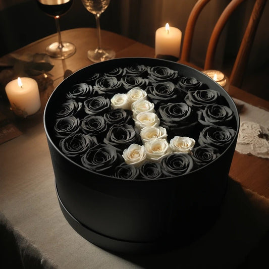 Custom Black &White Roses in Round Noir Elegance Box - Imaginary Worlds