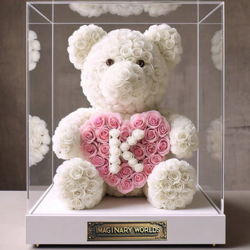 Custom Letter White Rose Bear with Pink Heart - Imaginary Worlds