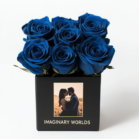 Customized Blue Infinity Roses Box with Photo - Black Box - Imaginary Worlds