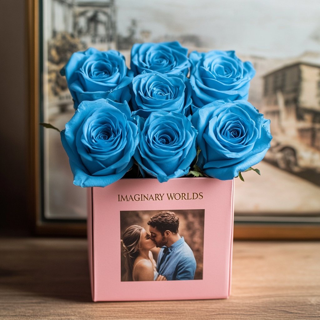 Customized Blue Infinity Roses Box with Photo - Pink Box - Imaginary Worlds