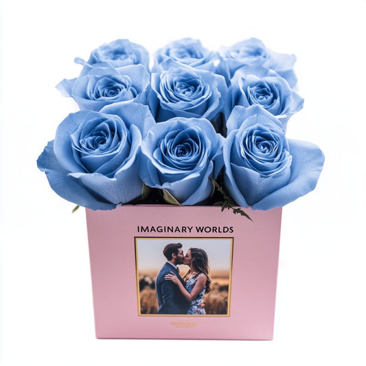 Customized Blue Infinity Roses Box with Photo - Pink Box - Imaginary Worlds