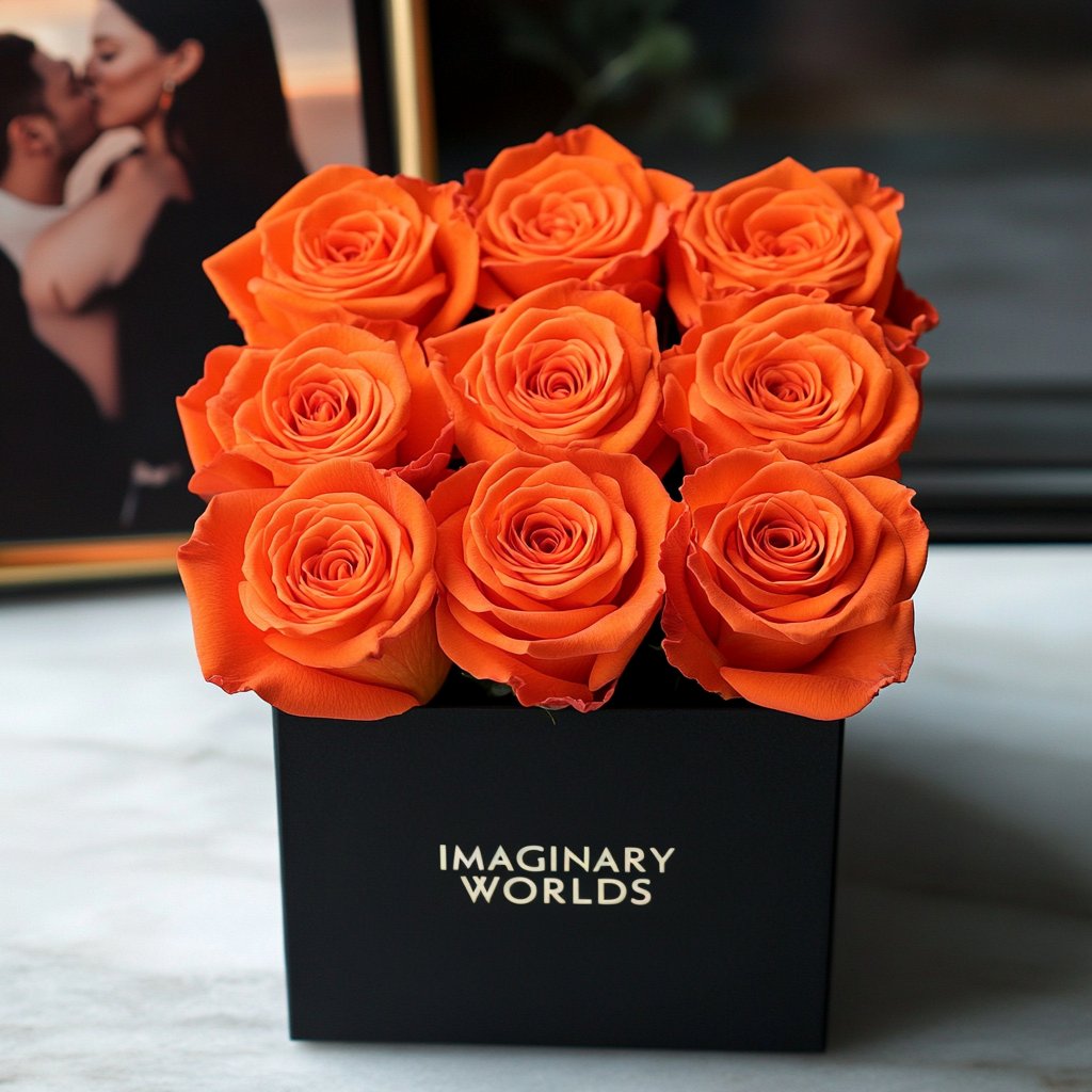 Customized Orange Infinity Roses Box with Photo - Black Box - Imaginary Worlds