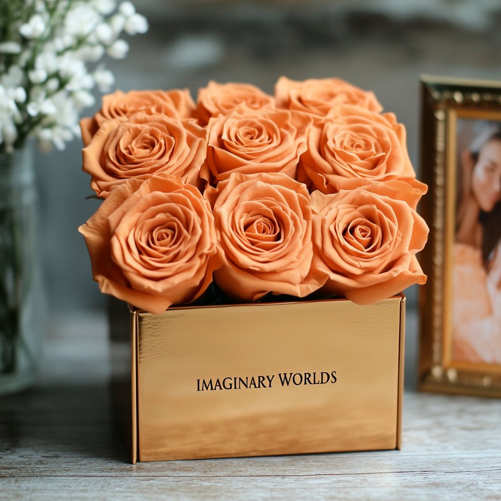 Customized Orange Infinity Roses Box with Photo - Gold Box - Imaginary Worlds