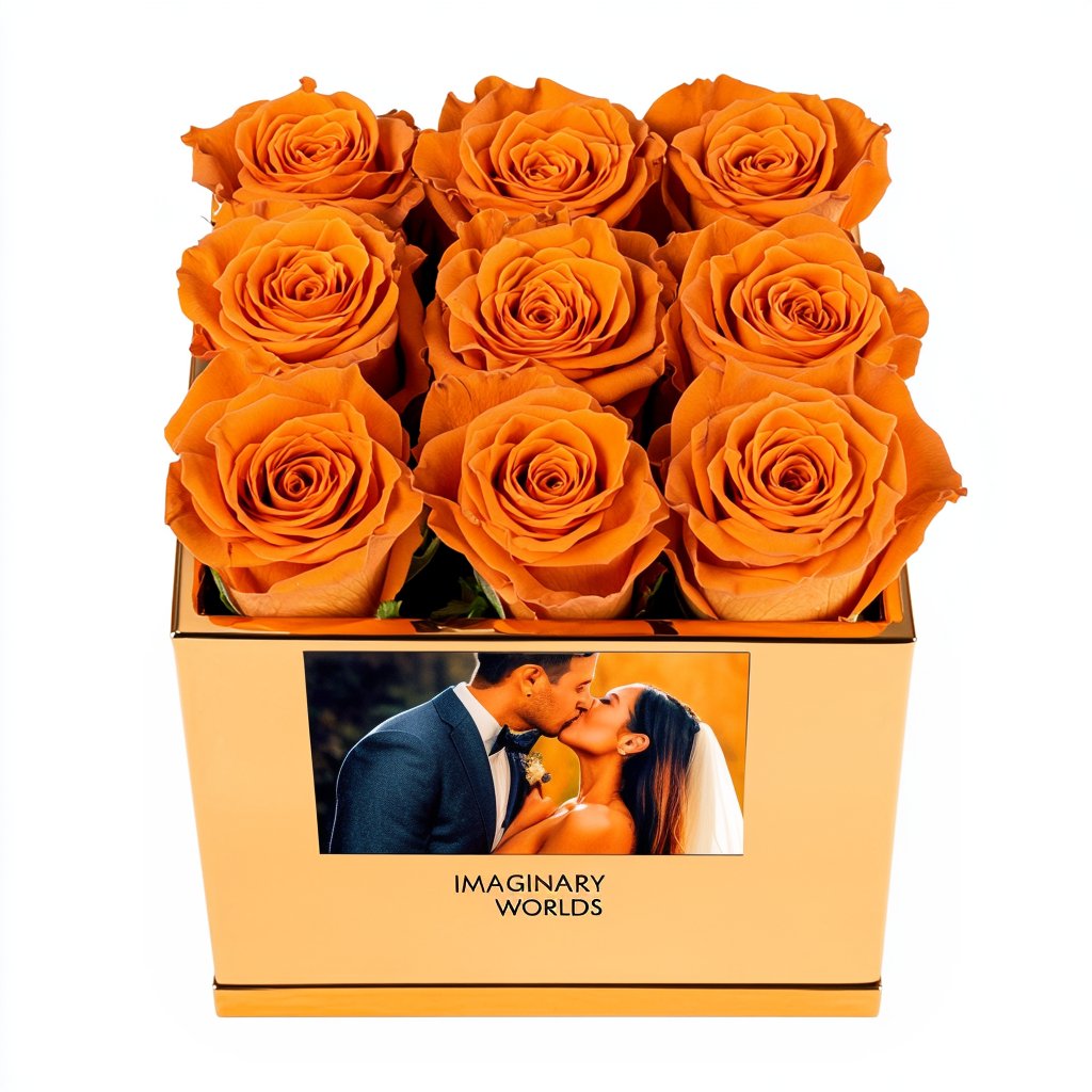 Customized Orange Infinity Roses Box with Photo - Gold Box - Imaginary Worlds