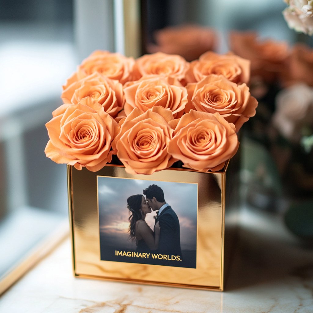 Customized Orange Infinity Roses Box with Photo - Gold Box - Imaginary Worlds