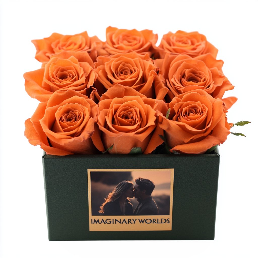 Customized Orange Infinity Roses Box with Photo - Green Box - Imaginary Worlds