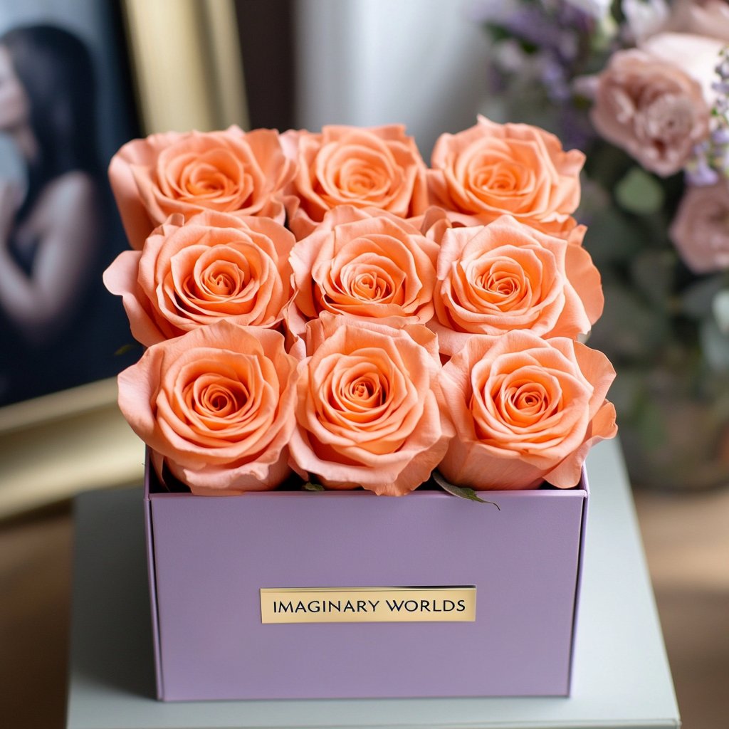 Customized Orange Infinity Roses Box with Photo - Lavender Box - Imaginary Worlds