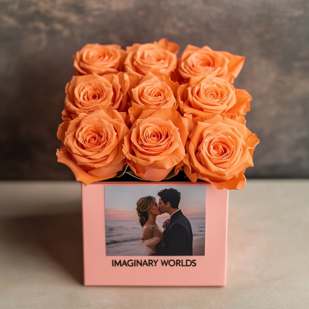 Customized Orange Infinity Roses Box with Photo - Pink Box - Imaginary Worlds