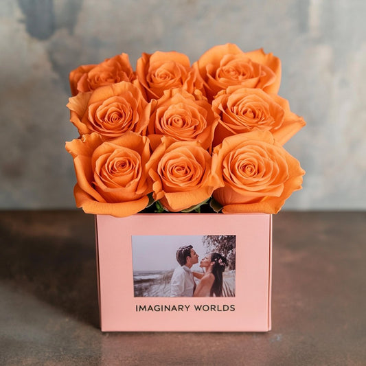 Customized Orange Infinity Roses Box with Photo - Pink Box - Imaginary Worlds