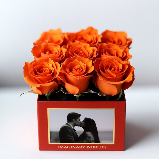 Customized Orange Infinity Roses Box with Photo - Red Box - Imaginary Worlds