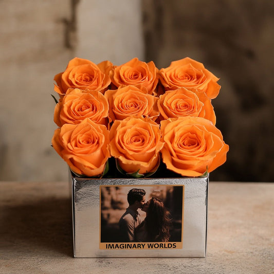 Customized Orange Infinity Roses Box with Photo - Silver Box - Imaginary Worlds