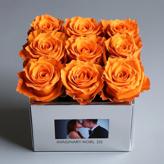 Customized Orange Infinity Roses Box with Photo - Silver Box - Imaginary Worlds