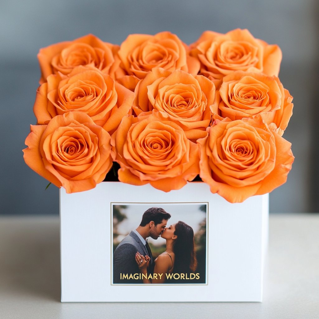 Customized Orange Infinity Roses Box with Photo - White Box - Imaginary Worlds