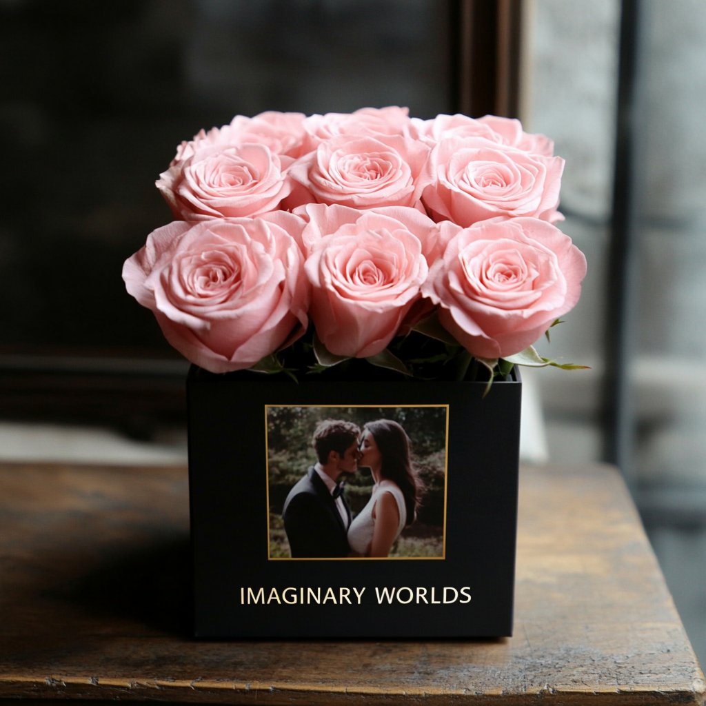 Customized Pink Infinity Roses Box with Photo - Black Box - Imaginary Worlds