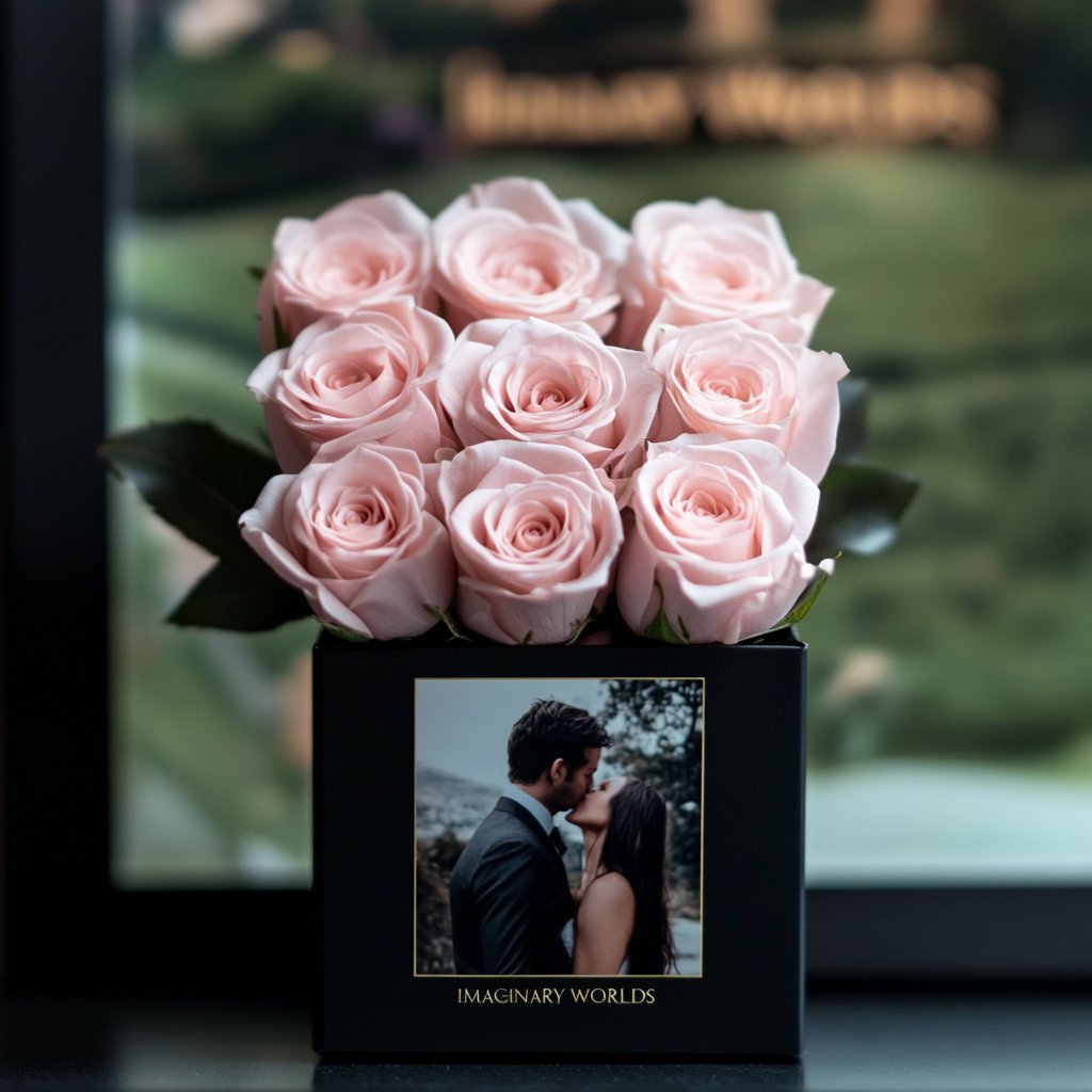 Customized Pink Infinity Roses Box with Photo - Black Box - Imaginary Worlds