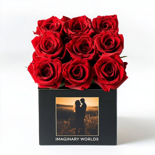 Customized Red Infinity Roses Box with Photo - Black Box - Imaginary Worlds