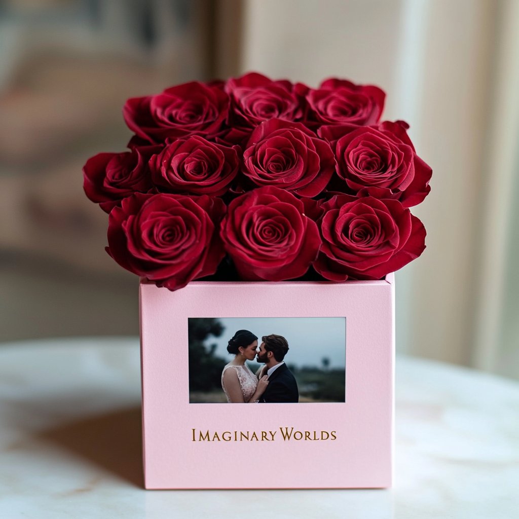 Customized Red Infinity Roses Box with Photo - Pink Box - Imaginary Worlds