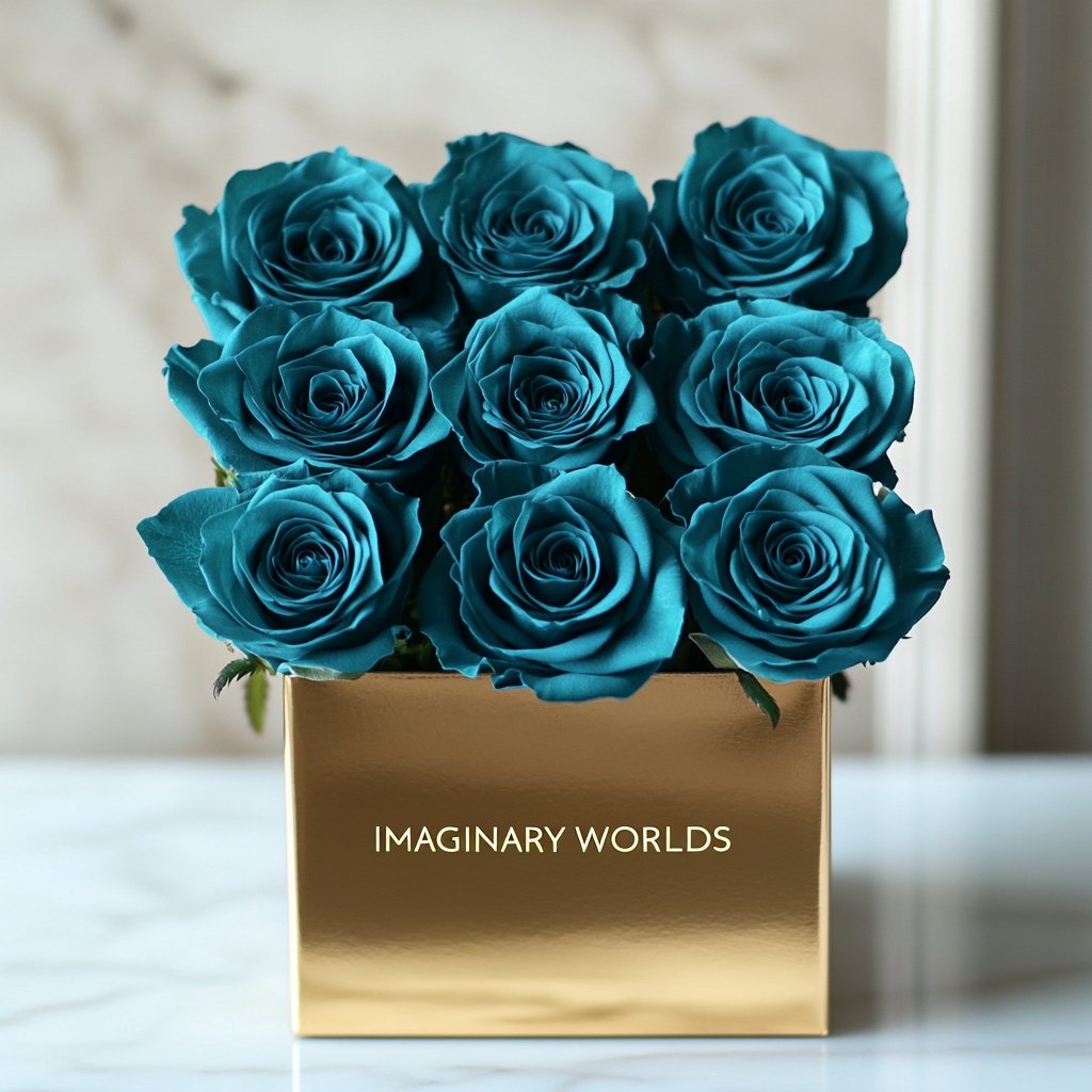 Customized Teal Infinity Roses Box with Photo - Gold Box - Imaginary Worlds