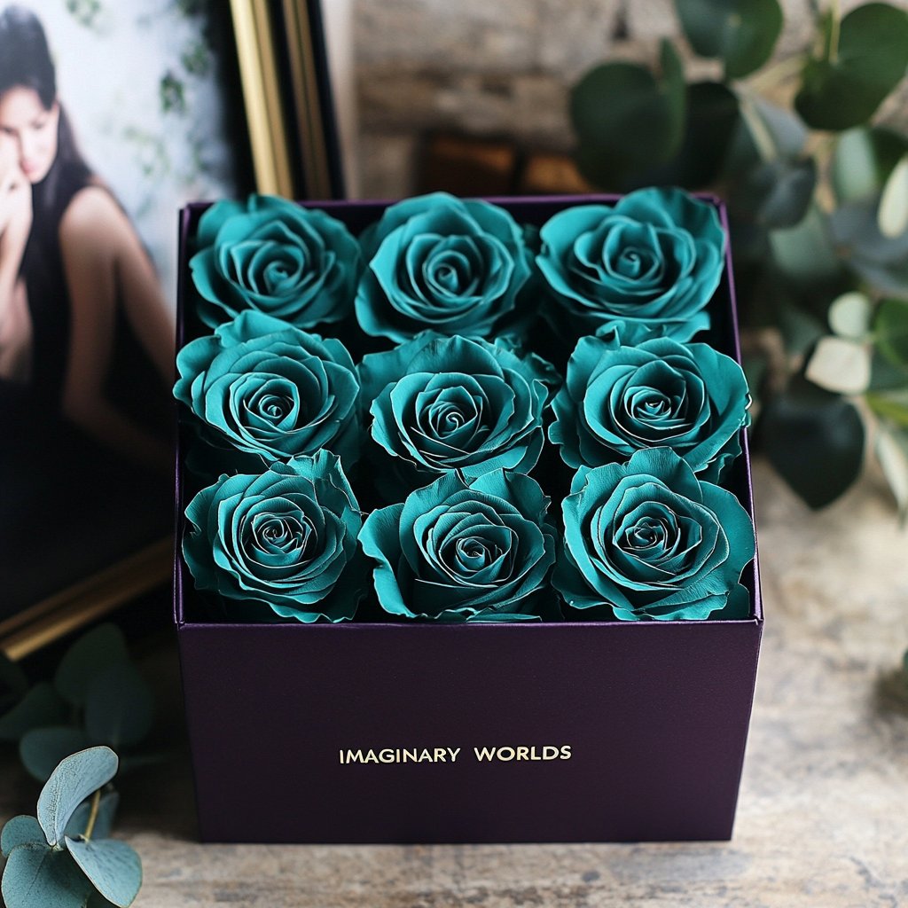 Customized Teal Infinity Roses Box with Photo - Royal Purple Box - Imaginary Worlds