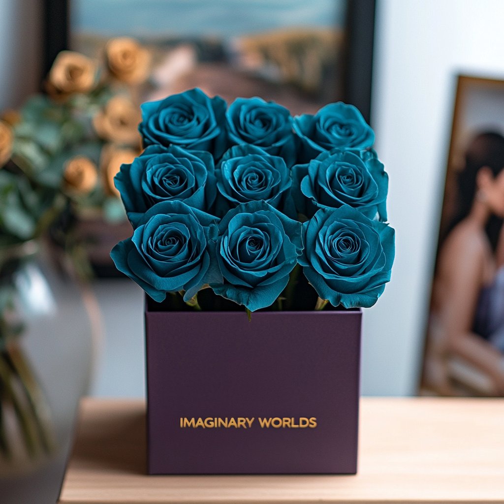 Customized Teal Infinity Roses Box with Photo - Royal Purple Box - Imaginary Worlds