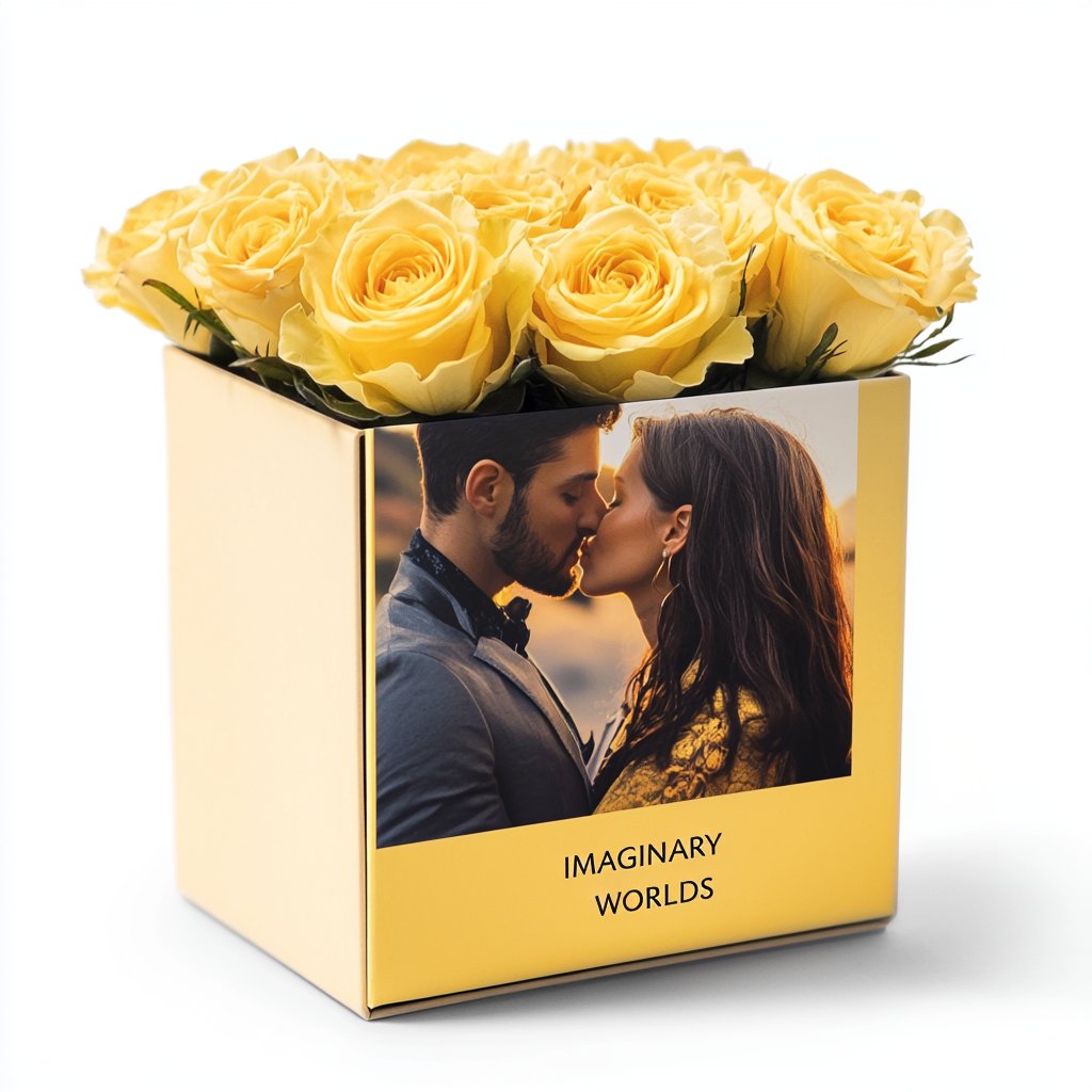 Customized Yellow Infinity Roses Box with Photo - Gold Box - Imaginary Worlds