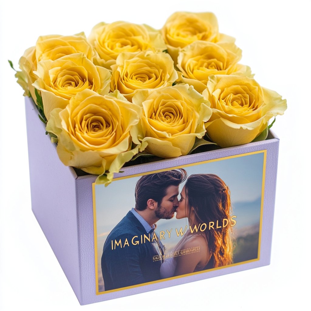 Customized Yellow Infinity Roses Box with Photo - Lavender Box - Imaginary Worlds