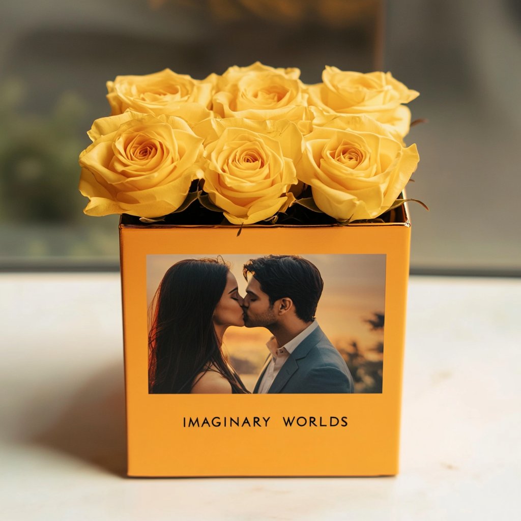 Customized Yellow Infinity Roses Box with Photo - Orange Box - Imaginary Worlds