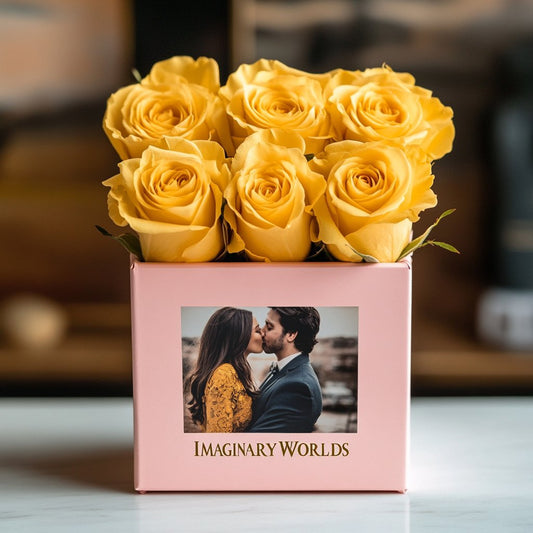 Customized Yellow Infinity Roses Box with Photo - Pink Box - Imaginary Worlds