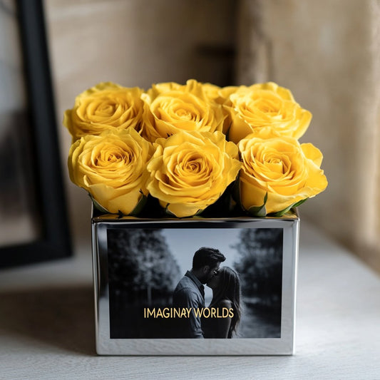 Customized Yellow Infinity Roses Box with Photo - Silver Box - Imaginary Worlds