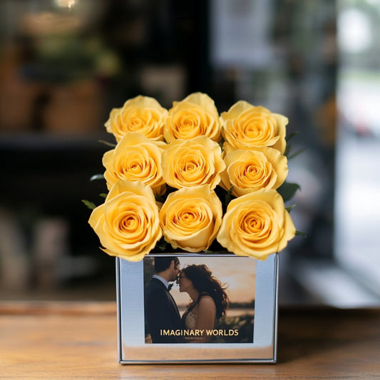 Customized Yellow Infinity Roses Box with Photo - Silver Box - Imaginary Worlds