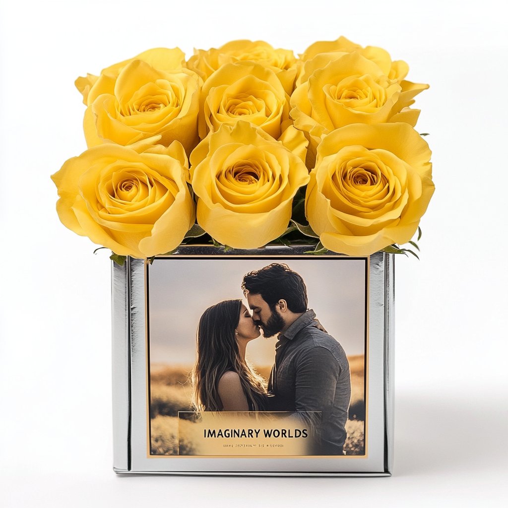 Customized Yellow Infinity Roses Box with Photo - Silver Box - Imaginary Worlds