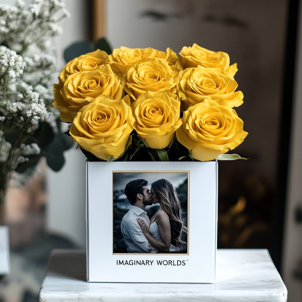 Customized Yellow Infinity Roses Box with Photo - White Box - Imaginary Worlds