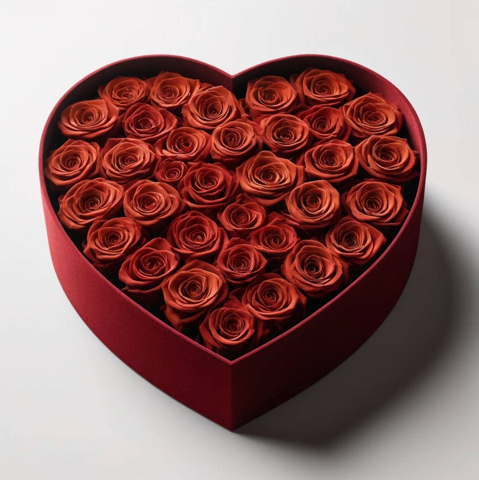 Dark Orange Forever Roses in Heart-Shaped Velvet Box - Imaginary Worlds