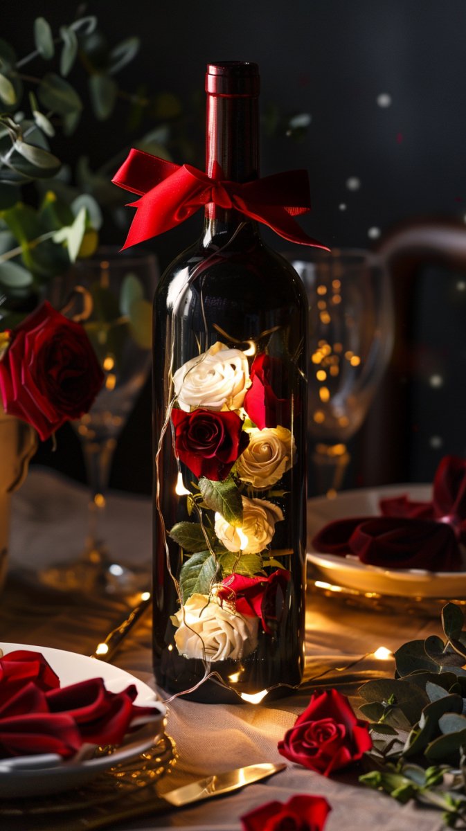 Elegant Red and White Rose Preserved Flower Wine Bottle - Imaginary Worlds