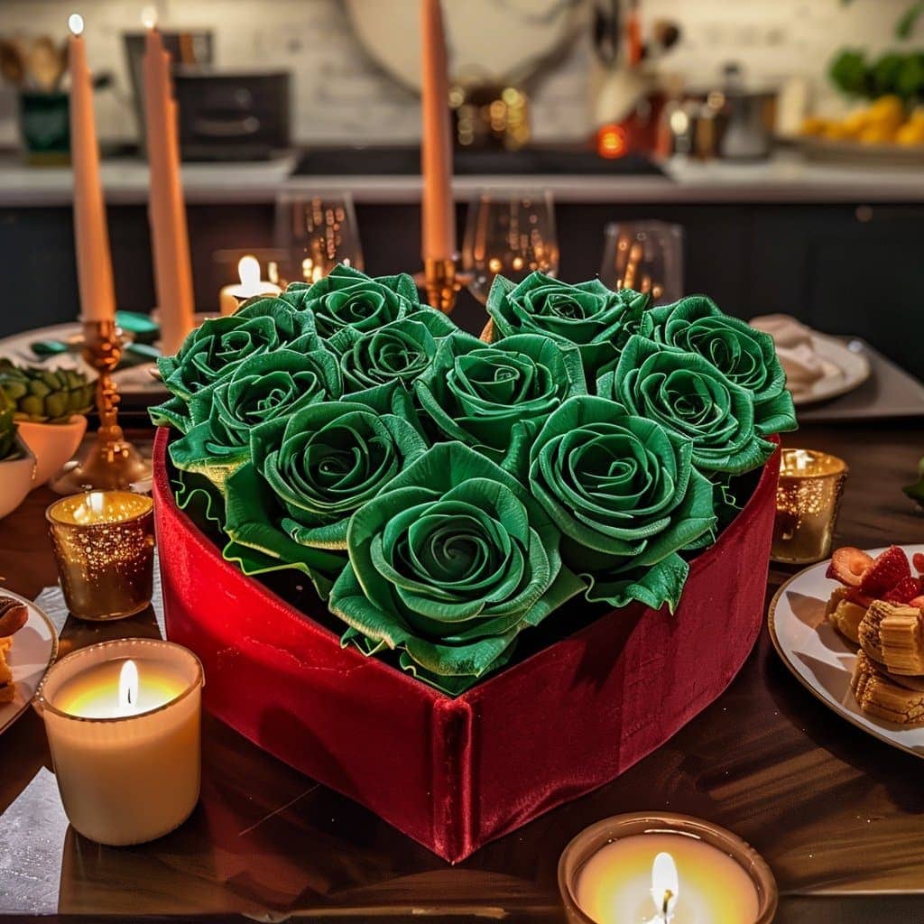 Emerald Green Forever Roses in Heart-Shaped Velvet Box - Imaginary Worlds