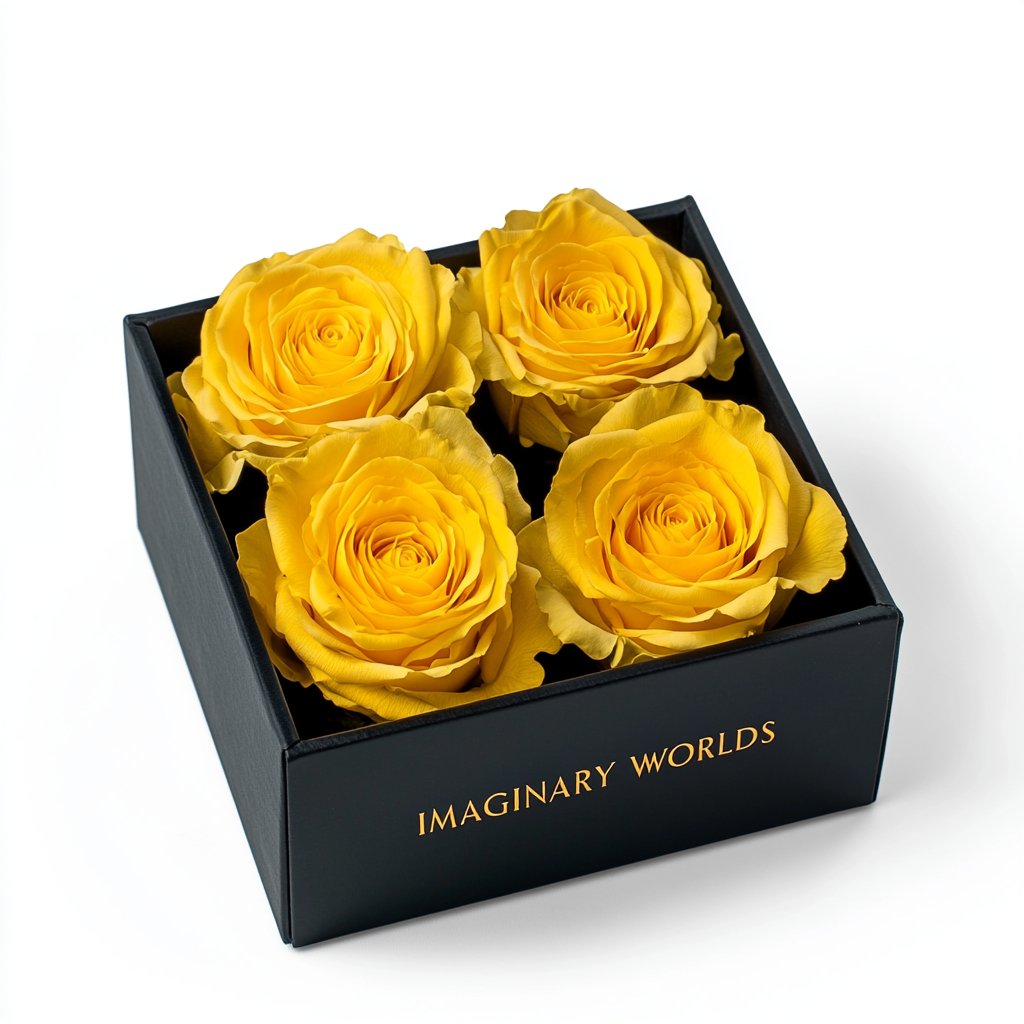 Ensemble of Yellow Forever Roses in Black Velvet Box - Imaginary Worlds