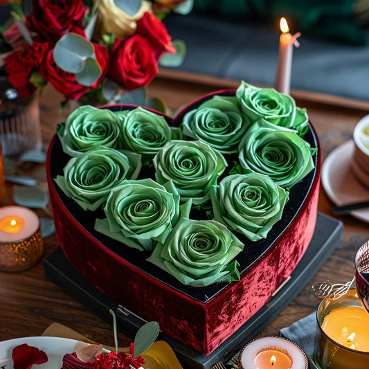 Green Forever Roses in Heart-Shaped Velvet Box - Imaginary Worlds