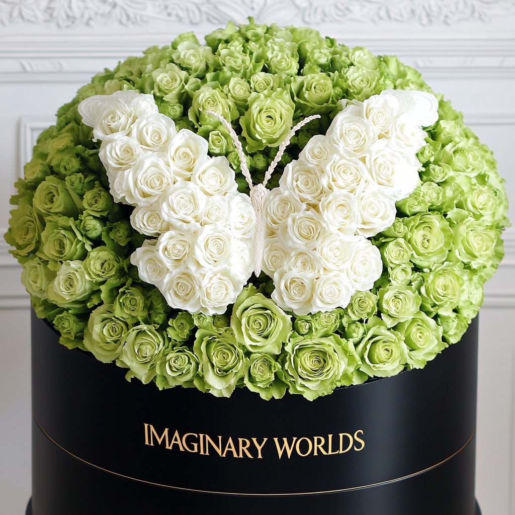 Green Ramo Buchon White Roses Butterfly - Imaginary Worlds