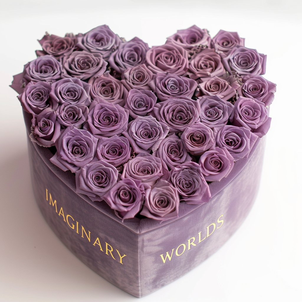 Lavender Roses in Lavender Heart - Shaped Velvet Box - Imaginary Worlds