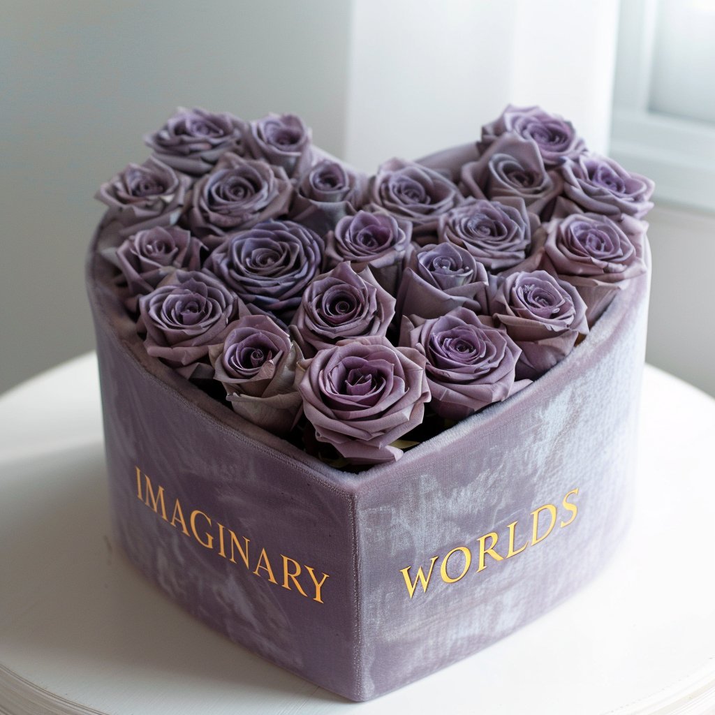 Lavender Roses in Lavender Heart - Shaped Velvet Box - Imaginary Worlds