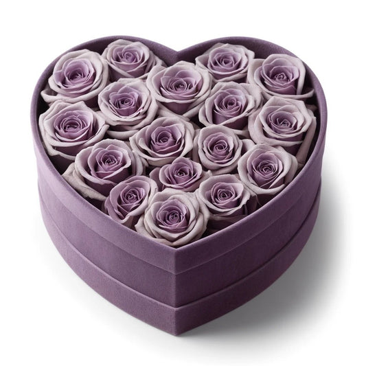 Lavender Roses in Lavender Heart-Shaped Velvet Box - Imaginary Worlds