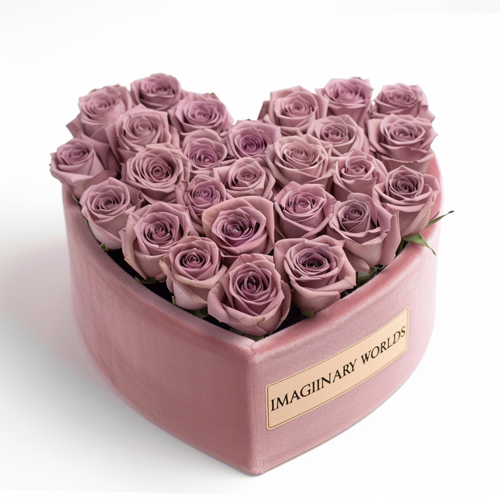 Lavender Roses in Light Pink Heart - Shaped Velvet Box - Imaginary Worlds