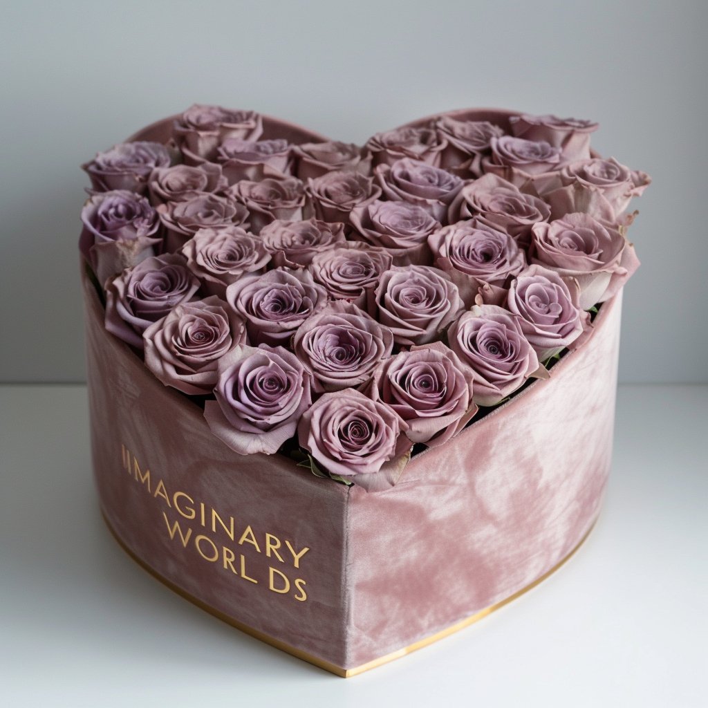 Lavender Roses in Light Pink Heart - Shaped Velvet Box - Imaginary Worlds