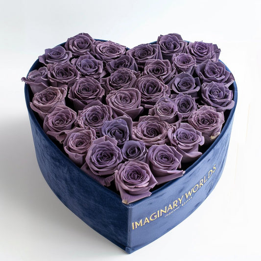 Lavender Roses in Royal Blue Heart - Shaped Velvet Box - Imaginary Worlds