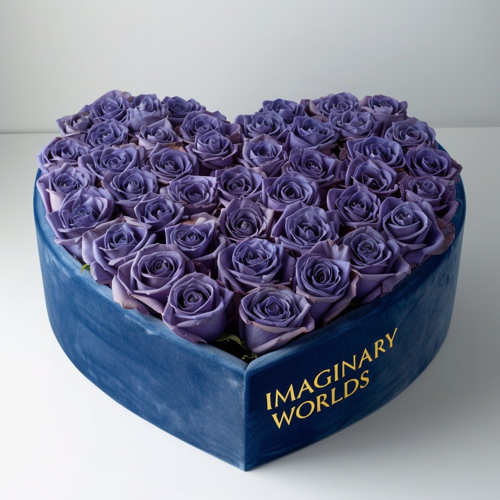 Lavender Roses in Royal Blue Heart - Shaped Velvet Box - Imaginary Worlds