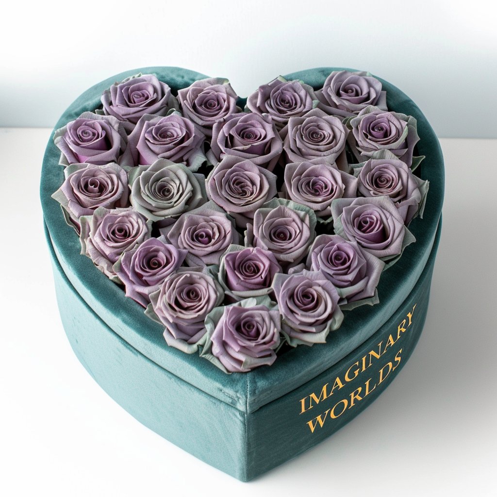 Lavender Roses in Tiffany Blue Heart - Shaped Velvet Box - Imaginary Worlds