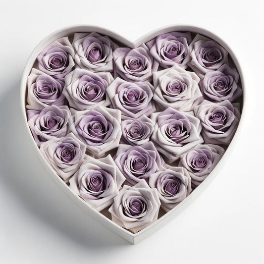 Lavender Roses in White Heart-Shaped Velvet Box - Imaginary Worlds